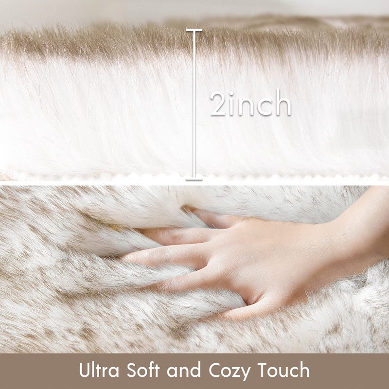 Phantoscope Faux Fur Rug, Fluffy Soft Faux Fox Fur Area Rugs for Bedroom Livingroom Kids Room Decor,Shaggy Fur Rugs Anti-Skid, White Brown, 2 x 6 Feet - Image 5